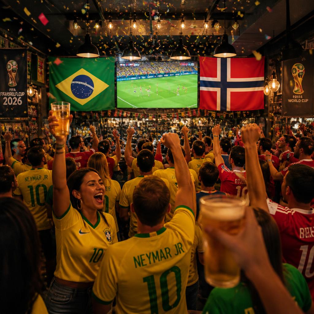 Torcida animada em bar assistindo Brasil x Noruega na Copa do Mundo 2026